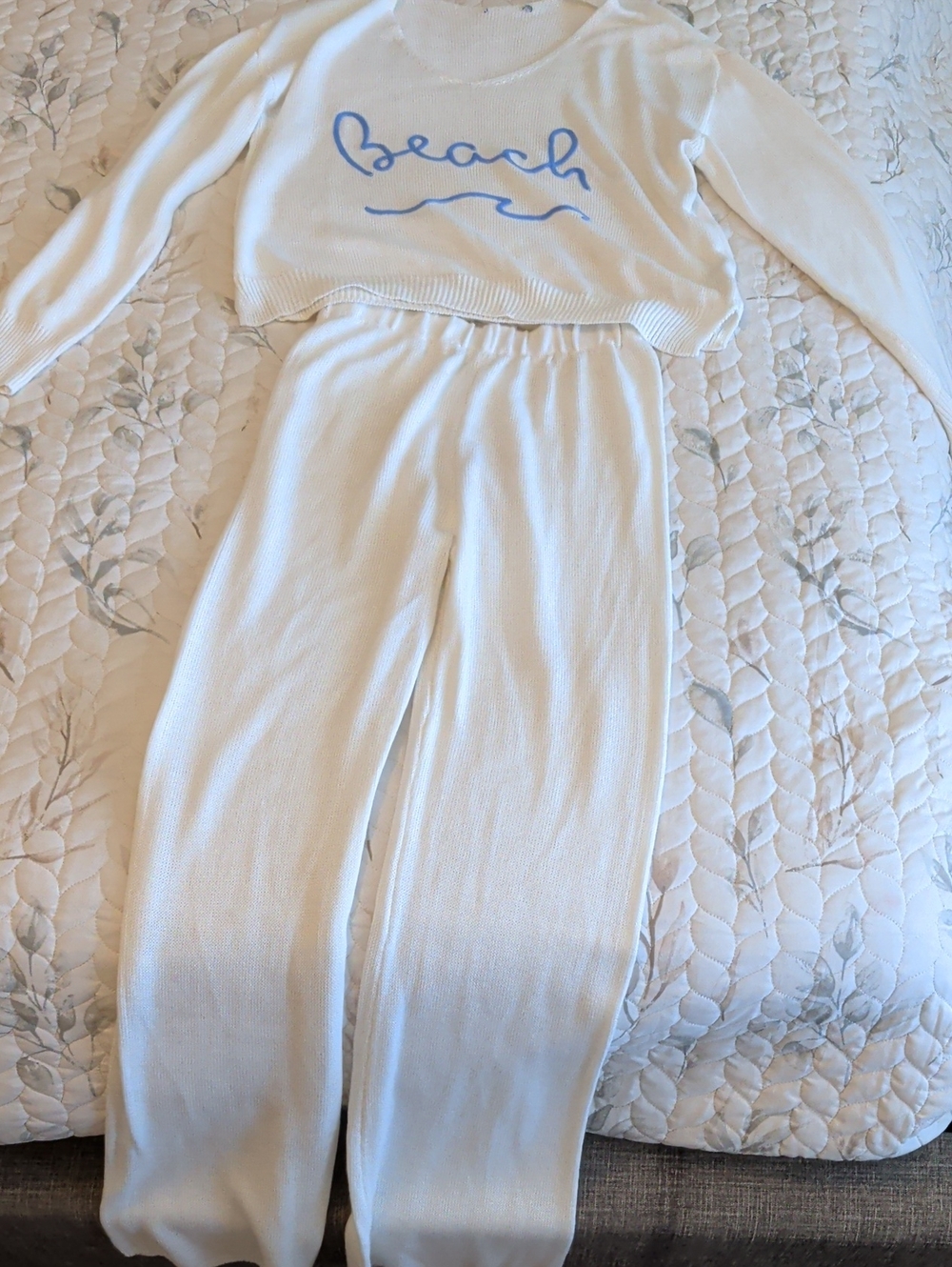 Fashion Nova White Knit Straight-Leg Pants Set with Blue 'Beach' Script